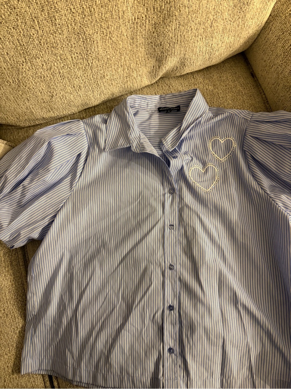 Blue Striped Short-Sleeve Shirt with Heart Embroidery